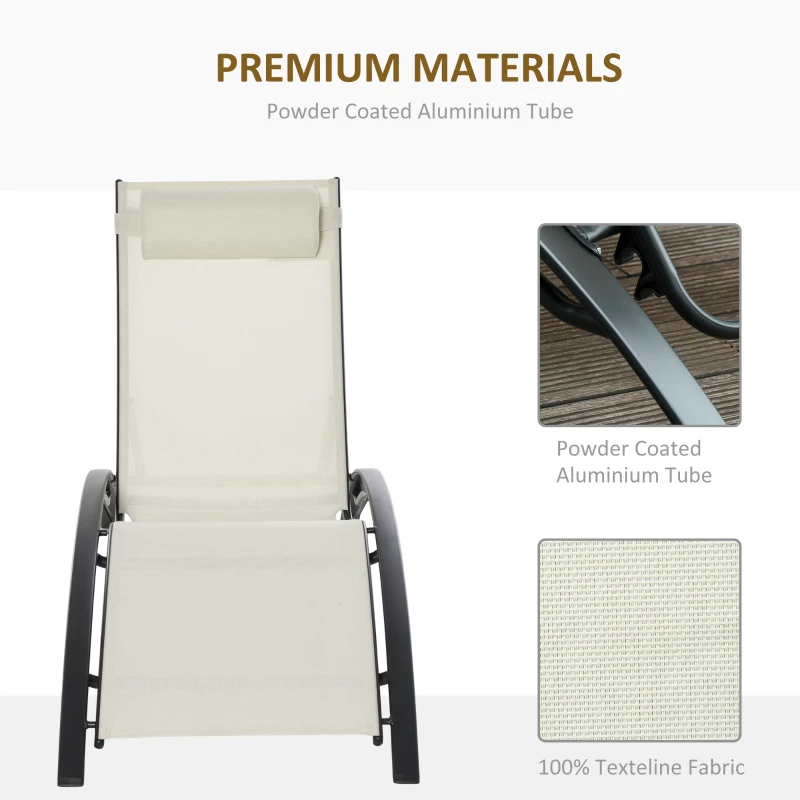 Outsunny Patio Lounge Chair, Aluminum Reclining Outdoor Tanning Chair with 5-Level Adjustable Backrest, Head Pillow and Breathable Mesh Fabric, for Pool, Deck, Garden, Beige