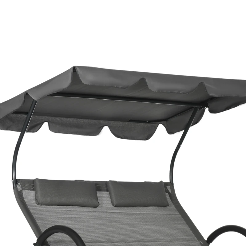 Outsunny Outdoor Patio Chaise Lounge Chair, Patio Sun Lounger w/ Sunshade Roof, for Two People with Wheels and Breathable Sling Mesh Bed, Pillows, Dark Gray