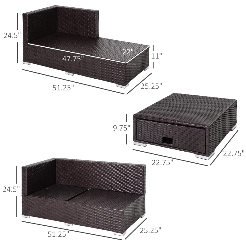 Outsunny 3 Pieces Adjustable Seat Rattan Wicker Sofa Steel Frame Furniture Set Sleeping Couch Bed Lounge w/ Storage Function Coffee Table, Navy Blue