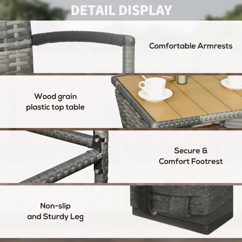 Outsunny 3 Pieces Patio Bar Set, Wicker Bistro Set, PE Rattan Bar Table and Chairs with Soft Padded Cushions, Storage Shelf, Wood Grain Plastic Top, Mixed Gray