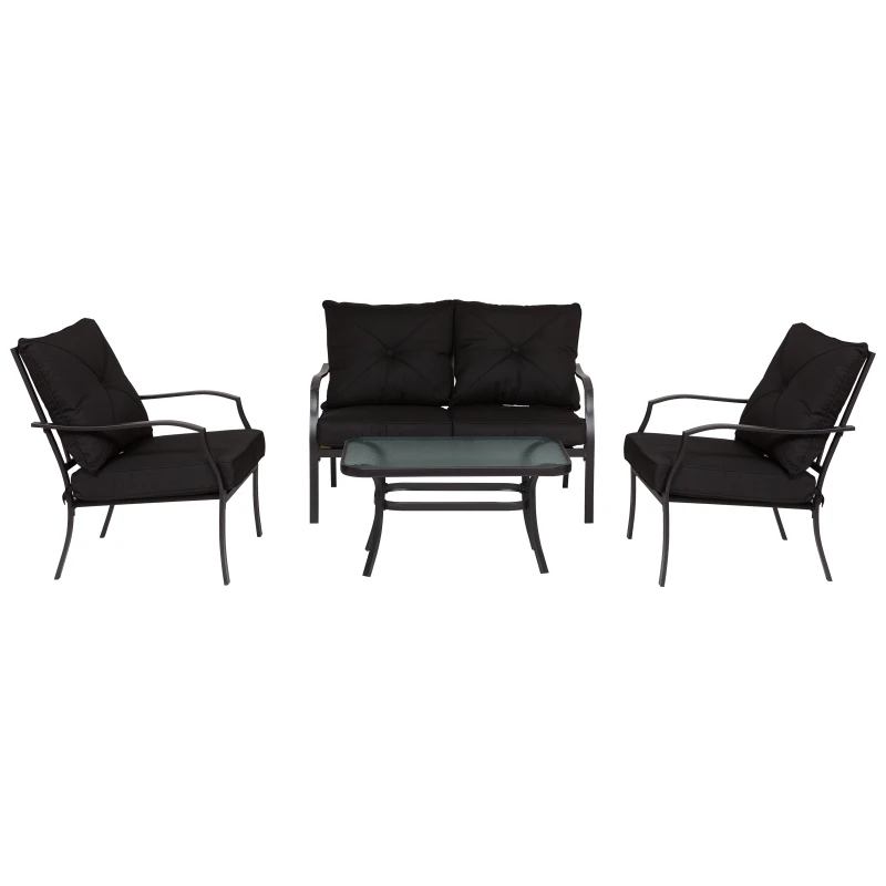 Outsunny 4pc Garden Conversation Set Outdoor Sofa Set Metal Frame w/ Foam Cushions Loveseat 2 Arm Chairs and Glass Top Tea Table Black