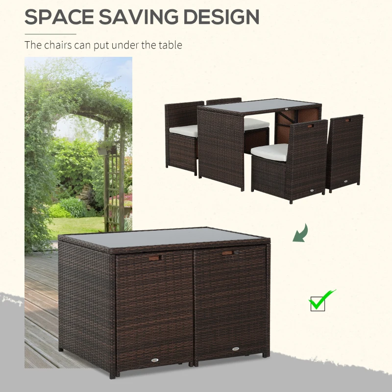 Outsunny 5pc Rattan Wicker Dining Set Garden Dining Table with 4 Cushioned Sofa Chair Patio Furniture Outdoor Coffee Set