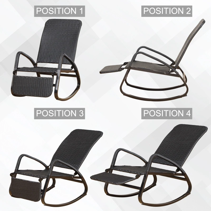 Outsunny Patio Adjustable Rattan Rocking Lounge Chair Garden Rocker Outdoor Foldable Recliner Seat w/ Retractable Footrest Black