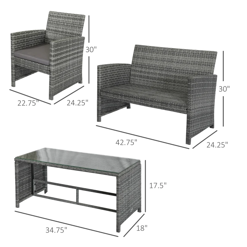 Outsunny 4 Piece Patio Furniture Set with Cushions, Outdoor PE Rattan Wicker Conversation Sofa Set with Glass Top Coffee Table and Loveseat, for Garden, Balcony, Dark Grey