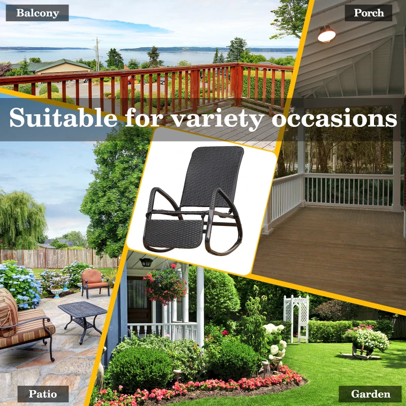 Outsunny Patio Adjustable Rattan Rocking Lounge Chair Garden Rocker Outdoor Foldable Recliner Seat w/ Retractable Footrest Black