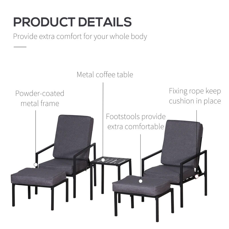 Outsunny 5pcs Garden Sectional Loveseat Single Recliner Sofa w/ Footstool Coffee Table Set Metal Frame Patio Lounger w/ Cushions