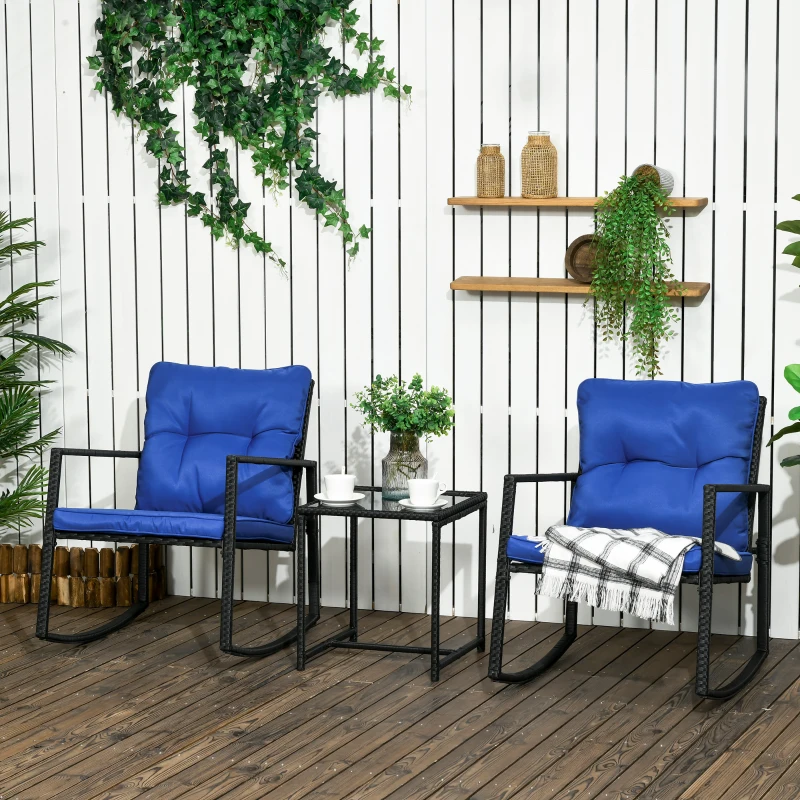 Outsunny 3 Pieces Rocking Bistro Set, Outdoor Wicker Patio Furniture with Glass Coffee Table and Outside Rocking Chairs for Porch, Conversation Sets with Thick Cushions, Blue