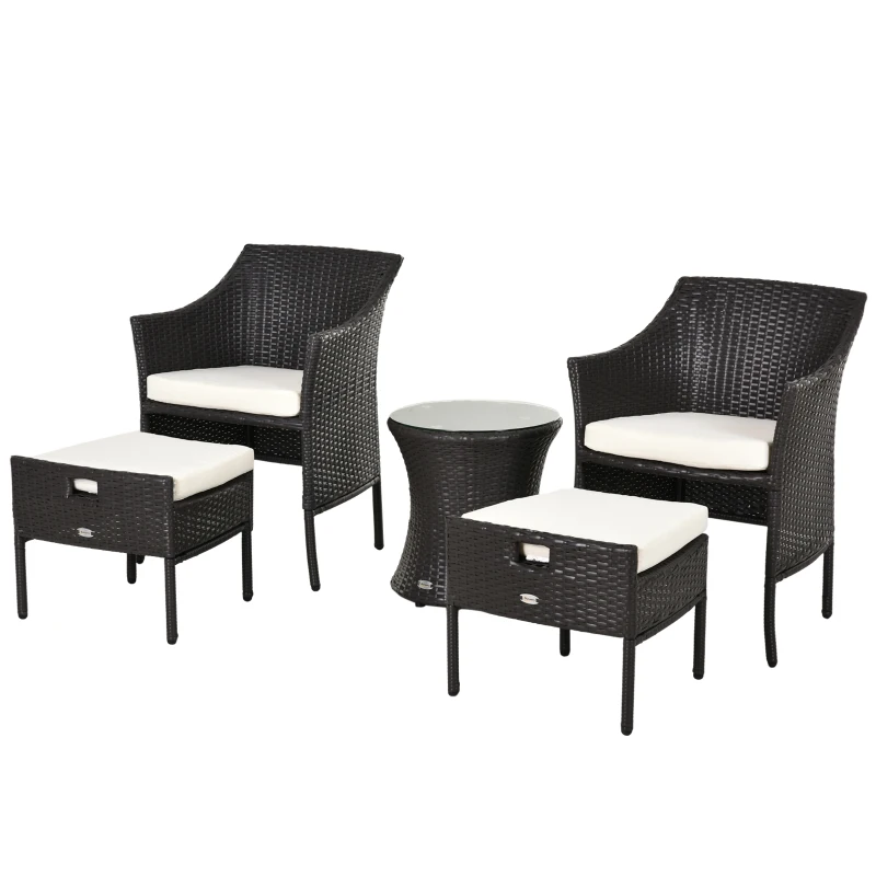 Outsunny Outdoor Indoor 5pcs Wicker Rattan Coffee Set Garden Patio Furniture Club Chair Table and Ottoman with Cushion, Dark Brown