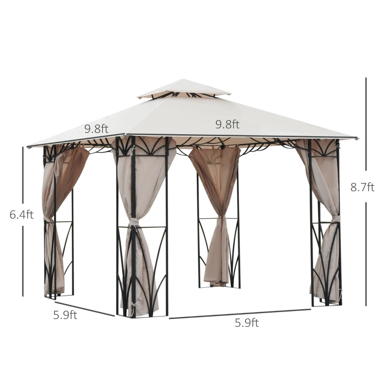 Outsunny 10’x10’ Gazebo Canopy Garden Shade Outdoor Waterproof Patio Awning Proof with Metal Frame and Curtains