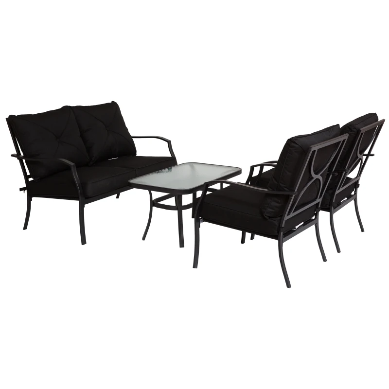 Outsunny 4pc Garden Conversation Set Outdoor Sofa Set Metal Frame w/ Foam Cushions Loveseat 2 Arm Chairs and Glass Top Tea Table Black