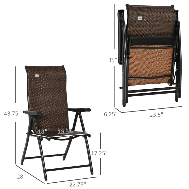 Outsunny Rattan Reclining Folding Chair, Outdoor Wicker Portable Recliner with 7 Adjustable Backrest Position for Garden, Balcony, Patio, Brown
