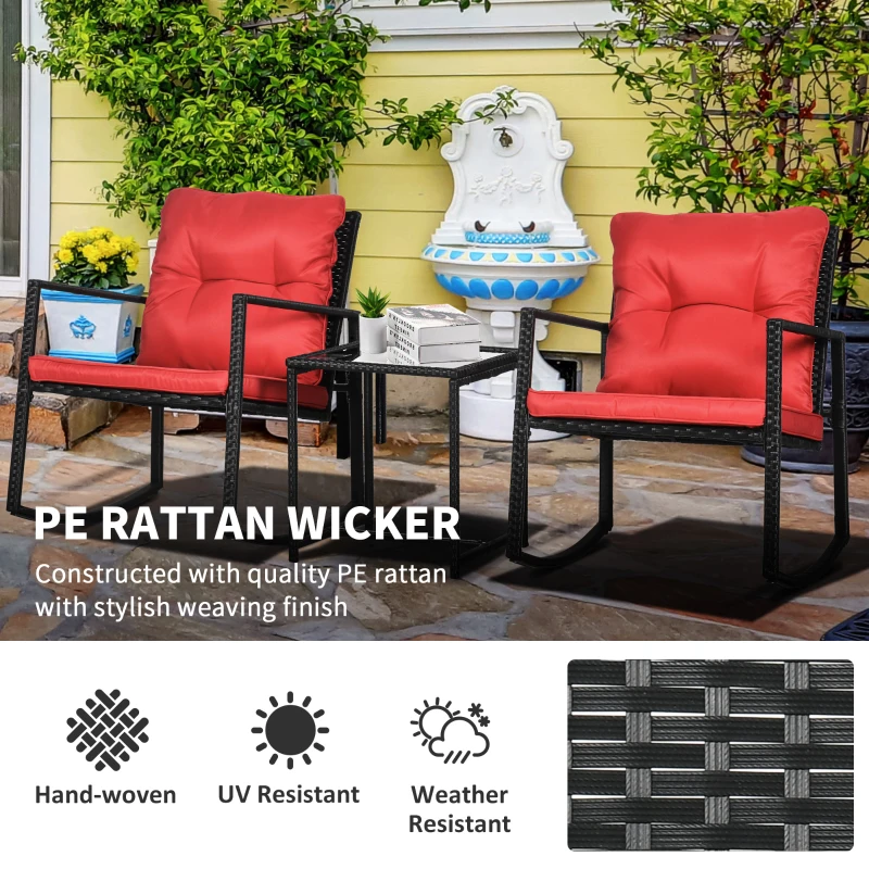 Outsunny 3 Pieces Rocking Bistro Set, Outdoor Wicker Patio Furniture with Glass Coffee Table and Outside Rocking Chairs for Porch, Conversation Sets with Thick Cushions, Red
