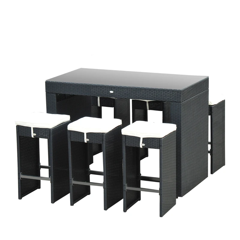 Outsunny 7pcs Rattan Bar Set Garden Wicker Dining Set 1 Table w/ 6 Stools and Cushion Outdoor Yard Patio Furniture Aluminum Frame All Weather