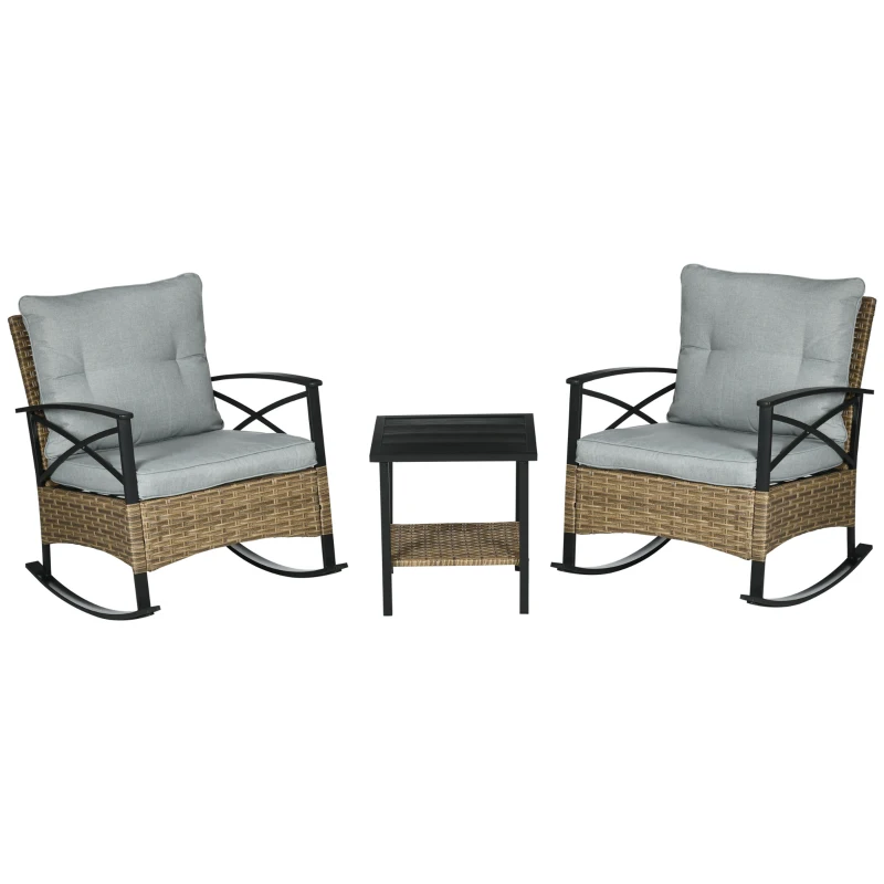 Outsunny 3 Pcs Outdoor PE Rattan Rocking Chair Set, Bistro Set with Two-tier Table, Padded Cushions for Garden, Grey