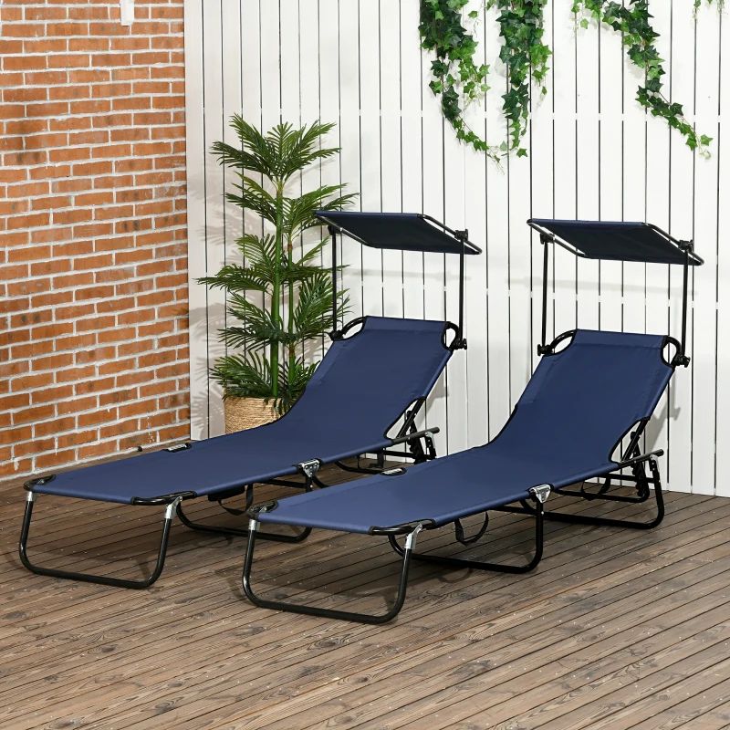 Outsunny Folding Chaise Lounge Pool Lounge Chairs Set of 2, Outdoor Sun Tanning Chairs with Canopy Shade, Reclining Back, Steel Frame and Side Pocket for Beach, Yard, Patio, Dark Blue