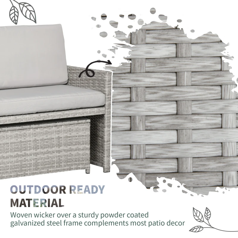 Outsunny 5 Pieces Wicker Patio Dining Set Outdoor Furniture Set with Removable Cushions, Glass Top Dining Table, Loveseats and Ottomans, Rattan Conversation Set for Garden, Grey