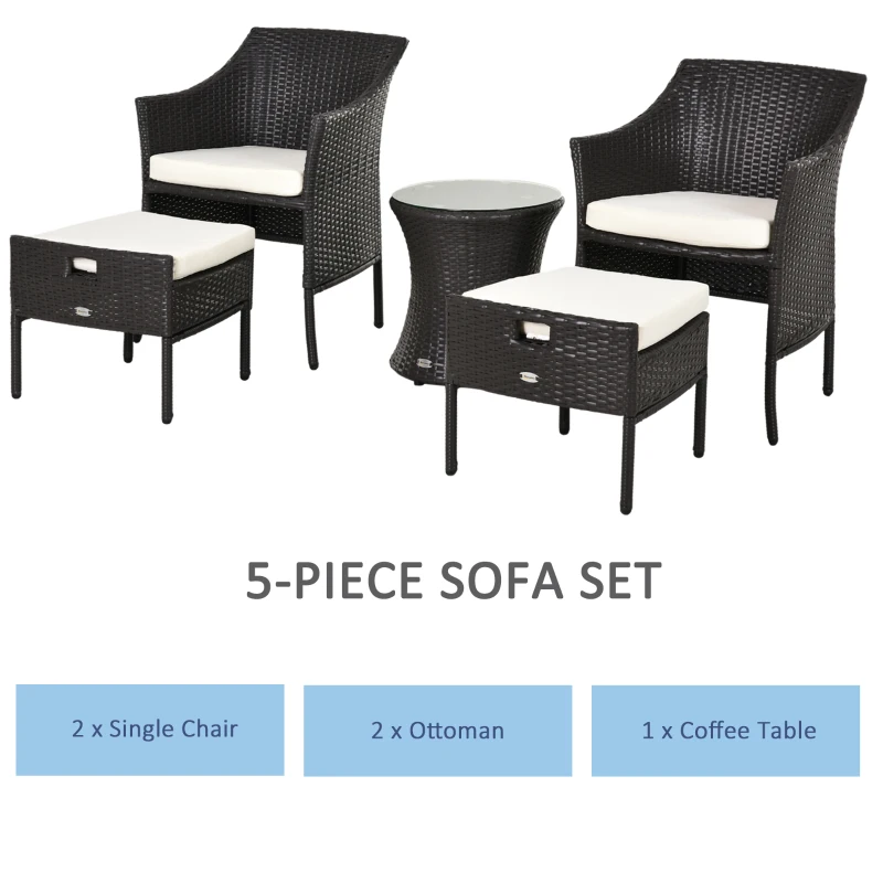 Outsunny Outdoor Indoor 5pcs Wicker Rattan Coffee Set Garden Patio Furniture Club Chair Table and Ottoman with Cushion, Dark Brown