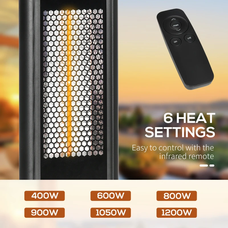 Outsunny Electric Patio Heater with Ultra-low Glare and 6 Heat Settings, 1200W Aluminium Alloy Freestanding Infrared Heater with Infrared Remote Control, Black