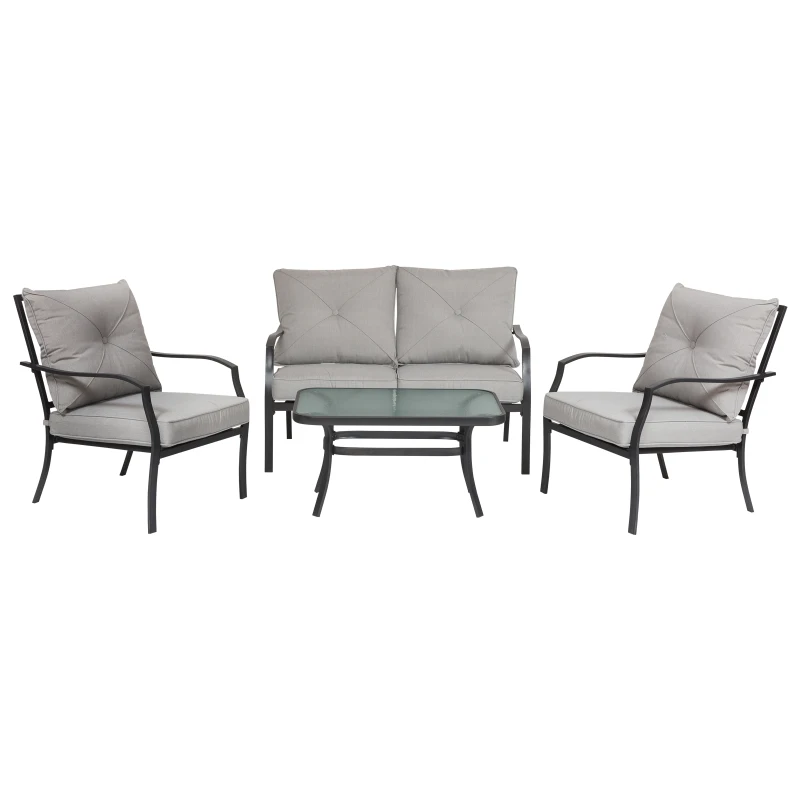 Outsunny 4pc Garden Conversation Set Outdoor Sofa Set Metal Frame w/ Foam Cushions Loveseat 2 Arm Chairs and Glass Top Tea Table Grey