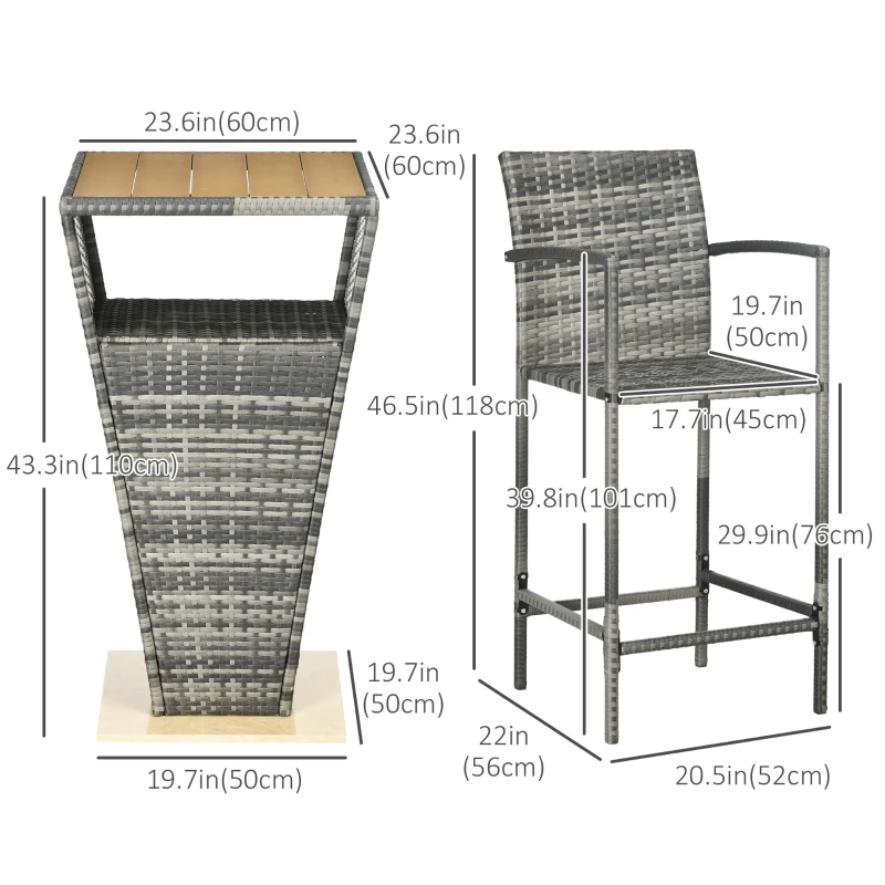 Outsunny 3 Pieces Patio Bar Set, Wicker Bistro Set, PE Rattan Bar Table and Chairs with Soft Padded Cushions, Storage Shelf, Wood Grain Plastic Top, Mixed Gray