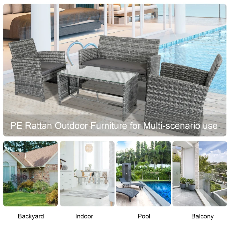 Outsunny 4 Piece Patio Furniture Set with Cushions, Outdoor PE Rattan Wicker Conversation Sofa Set with Glass Top Coffee Table and Loveseat, for Garden, Balcony, Dark Grey