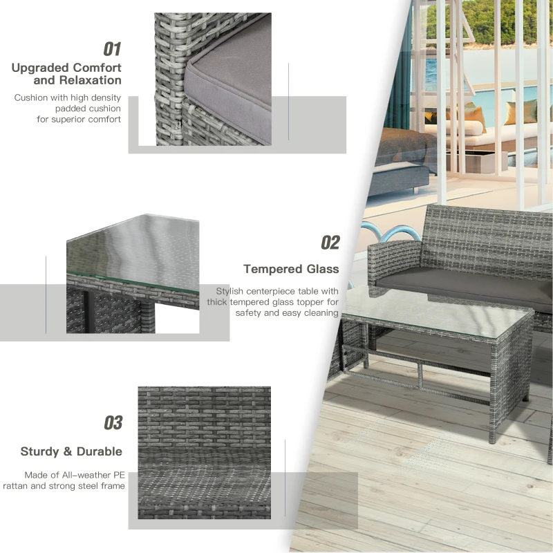 Outsunny 4 Piece Patio Furniture Set with Cushions, Outdoor PE Rattan Wicker Conversation Sofa Set with Glass Top Coffee Table and Loveseat, for Garden, Balcony, Dark Grey