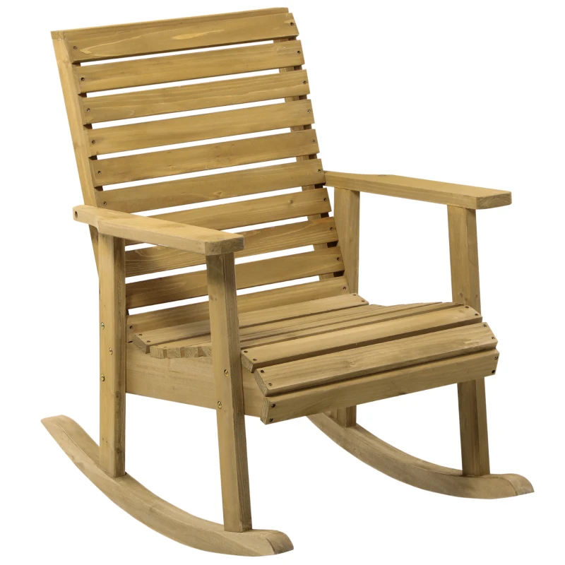 Outsunny Wooden Outdoor Rocking Chair, Patio Traditional Rocking Chair, Slatted Structure Porch Rocker w/ Armrest for Both Outdoor and Indoor, Light Brown