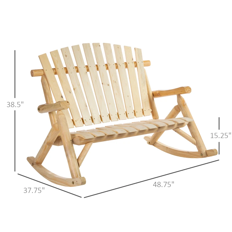 Outsunny Wooden Adirondack Rocking Chair, Outdoor Rustic Double Rocking Chair with Slatted Design for 2 Persons, Suit for Garden, Balcony, Porch, Natural