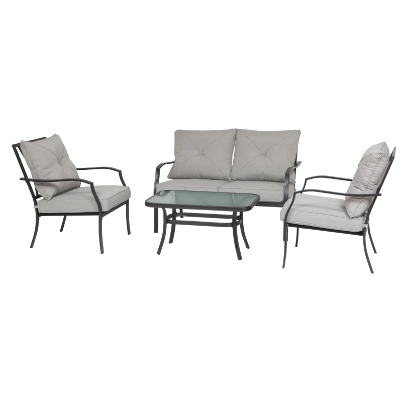Outsunny 4pc Garden Conversation Set Outdoor Sofa Set Metal Frame w/ Foam Cushions Loveseat 2 Arm Chairs and Glass Top Tea Table Grey