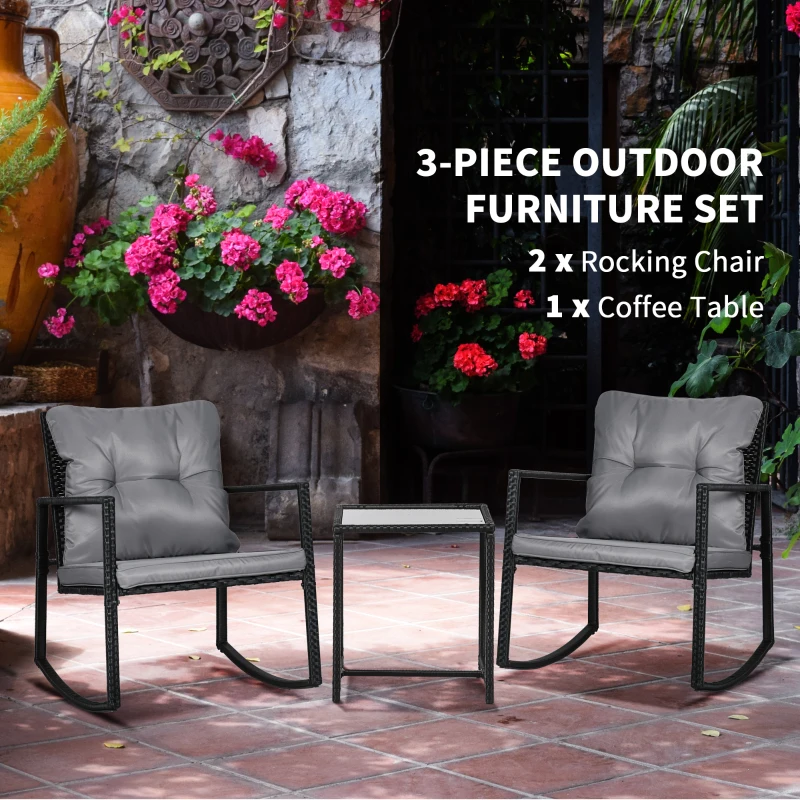Outsunny 3 Pieces Rocking Bistro Set, Outdoor Wicker Patio Furniture with Glass Coffee Table and Outside Rocking Chairs for Porch, Lawn, Conversation Sets with Thick Cushions, Gray