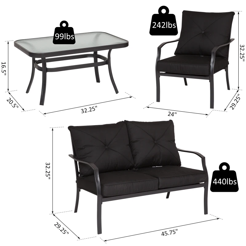 Outsunny 4pc Garden Conversation Set Outdoor Sofa Set Metal Frame w/ Foam Cushions Loveseat 2 Arm Chairs and Glass Top Tea Table Black