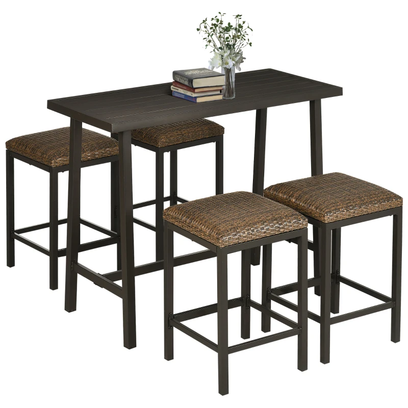 Outsunny 5 Pieces Patio Bar Set with 4 Stools, Outdoor Furniture Set for with Rattan Seat, Slatted Steel Table Top for Garden, Balcony, Backyard, Brown