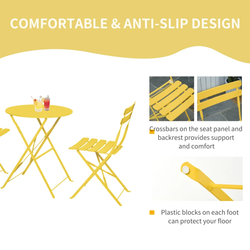 Outsunny 3pc Garden Table Set Foldable Dining Set with 1 Round Table and 2 Chairs Backyard Outdoor, Yellow