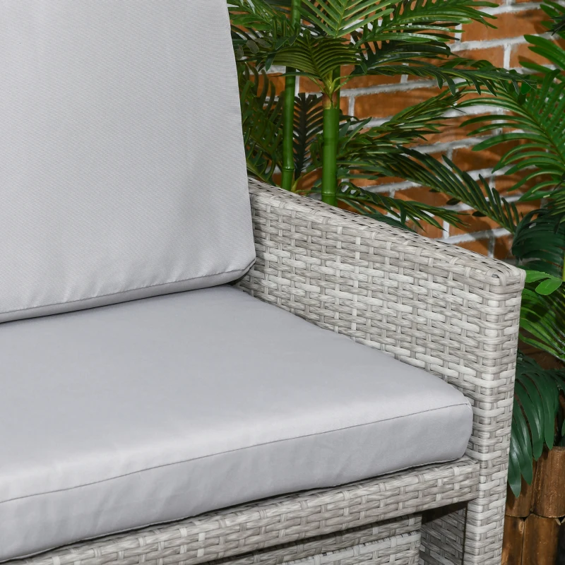 Outsunny 5 Pieces Wicker Patio Dining Set Outdoor Furniture Set with Removable Cushions, Glass Top Dining Table, Loveseats and Ottomans, Rattan Conversation Set for Garden, Grey