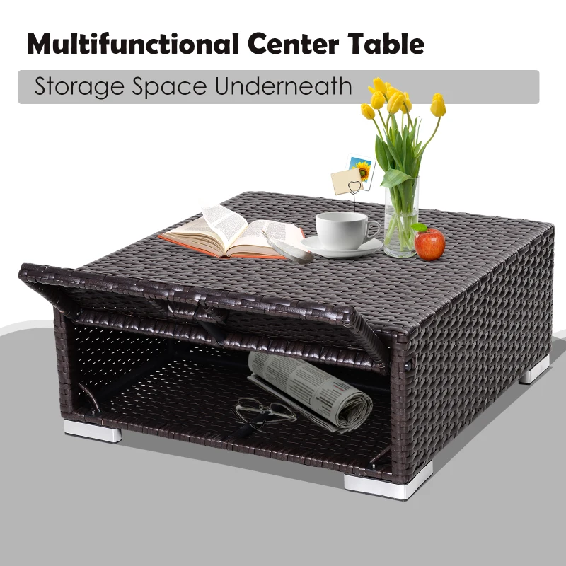 Outsunny 3 Pieces Adjustable Seat Rattan Wicker Sofa Steel Frame Furniture Set Sleeping Couch Bed Lounge w/ Storage Function Coffee Table, Navy Blue