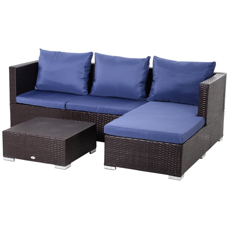 Outsunny 3 Pieces Adjustable Seat Rattan Wicker Sofa Steel Frame Furniture Set Sleeping Couch Bed Lounge w/ Storage Function Coffee Table, Navy Blue