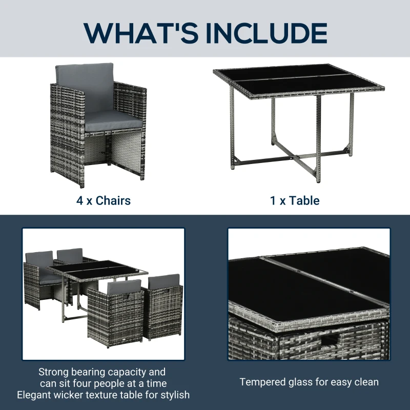 Outsunny 5 Pieces Wicker Patio Dining Set Outdoor Furniture Set with Removable Cushions, Glass Top Dining Table, PE Rattan Conversation Set for Garden Poolside Backyard, Grey