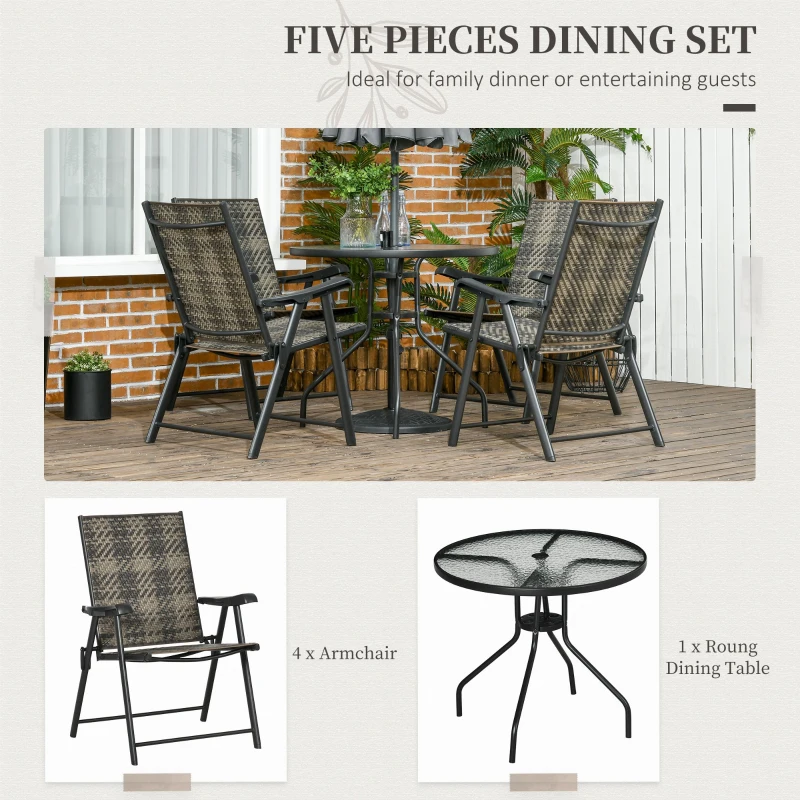 Outsunny 5 Pieces Wicker Patio Dining Set Outdoor Furniture Set, Glass Top Dining Table with Umbrella Hole, 4 Folding Armchairs, PE Rattan Conversation Set for Garden, Mixed Grey