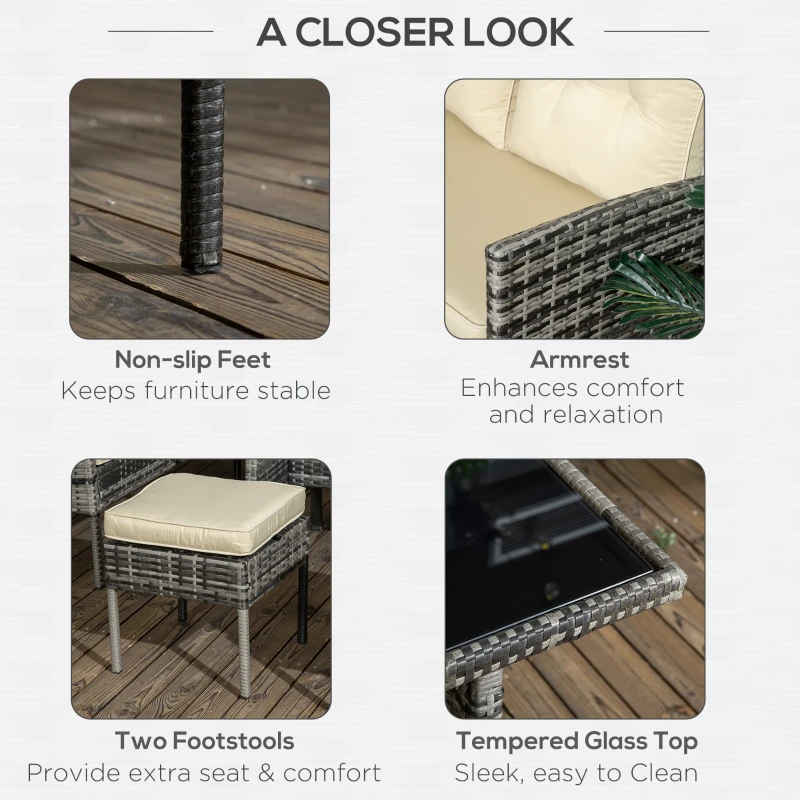 Outsunny 6 Pieces Wicker Patio Dining Set Outdoor Furniture Set with Removable Cushions, Glass Top Dining Table, 2 Ottomans, PE Rattan Conversation Set for Garden Poolside, Khaki