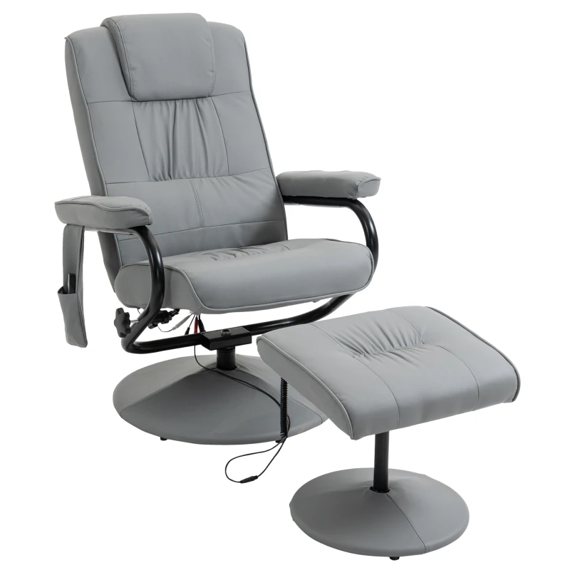 HOMCOM Massaging Faux Leather Recliner Chair and Ottoman Set, Swivel Vibration Massage Lounge Chair with Remote Control for Living Room, Bedroom, or Office, Gray