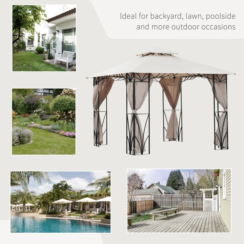 Outsunny 10’x10’ Gazebo Canopy Garden Shade Outdoor Waterproof Patio Awning Proof with Metal Frame and Curtains