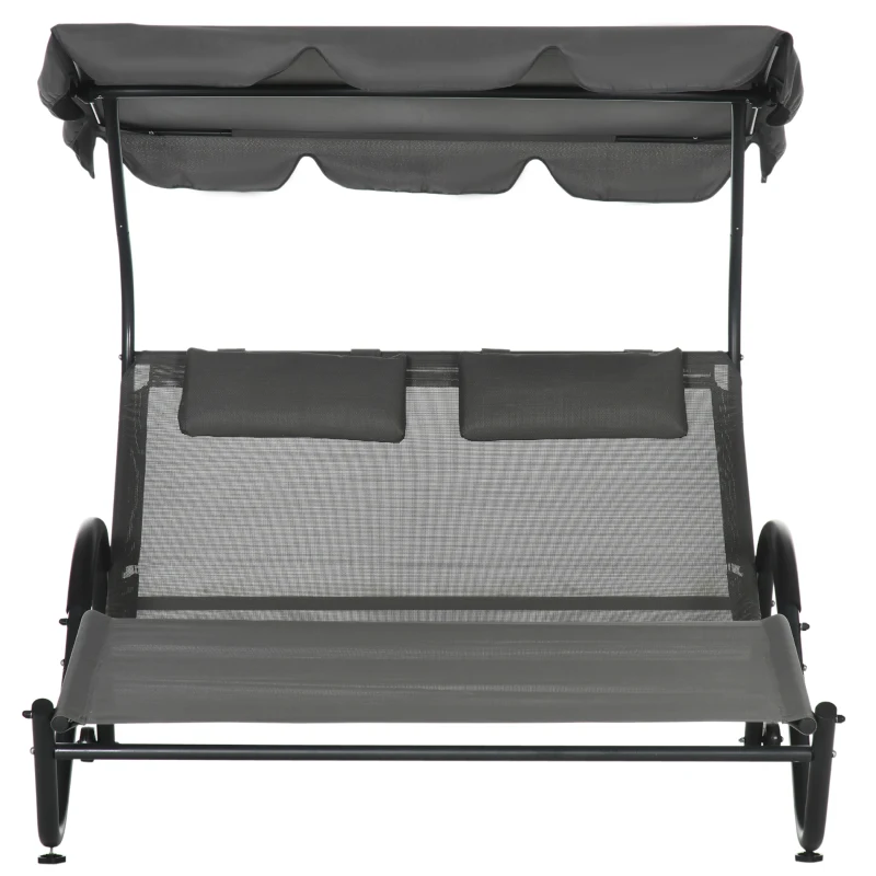 Outsunny Outdoor Patio Chaise Lounge Chair, Patio Sun Lounger w/ Sunshade Roof, for Two People with Wheels and Breathable Sling Mesh Bed, Pillows, Dark Gray