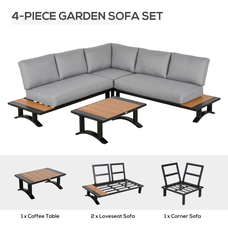 Outsunny 4 Piece Patio Conversation Set Include 2 Loveseat 1 Corner Sofa 1 Coffee Table Cushion Pillow Aluminum Framed Sectional Garden Furniture for Garden Backyard Poolside