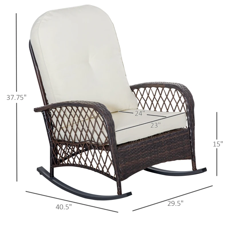 Outsunny Rattan Rocking Chair, Outdoor Wicker Patio Rocker Chair Furniture with Thick Cushions, for Garden Backyard Porch, Cream White