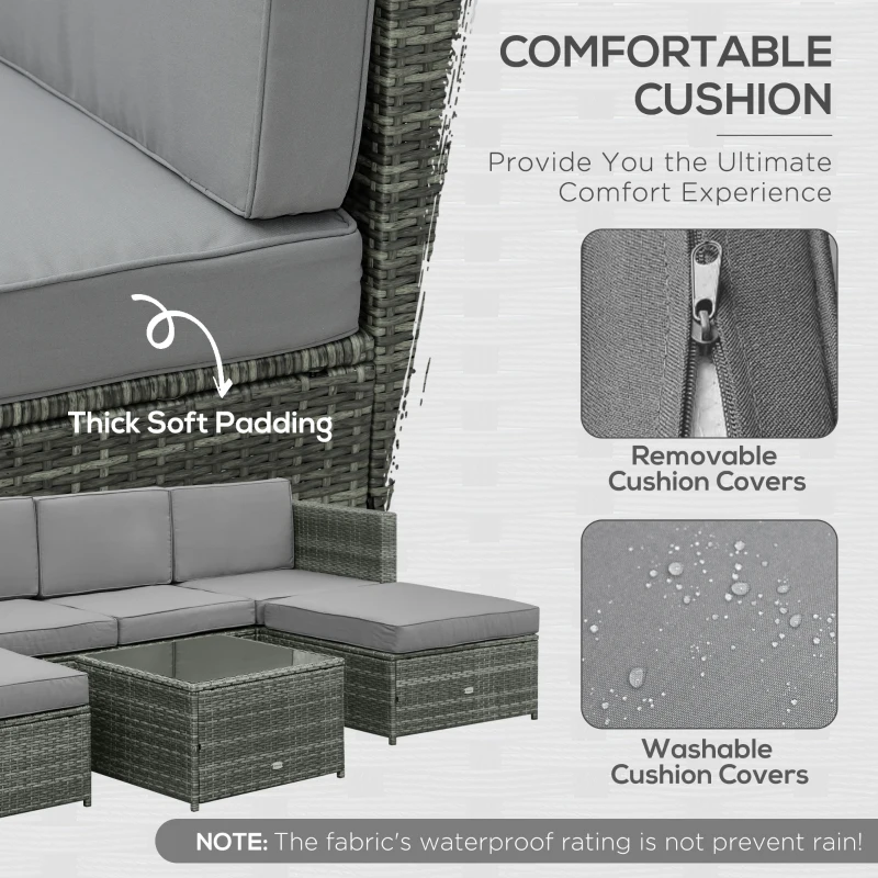 Outsunny 7pcs Wicker Rattan Sectional Set Outdoor Patio Sofa Table Footstools Set Garden Furniture with Cushions, Grey