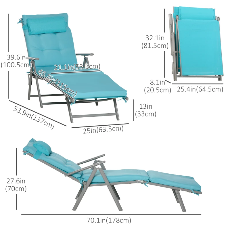 Outsunny Outdoor Folding Chaise Lounge Chair Recliner with Portable Design, Adjustable Backrest, Cushion and Headrest, Blue