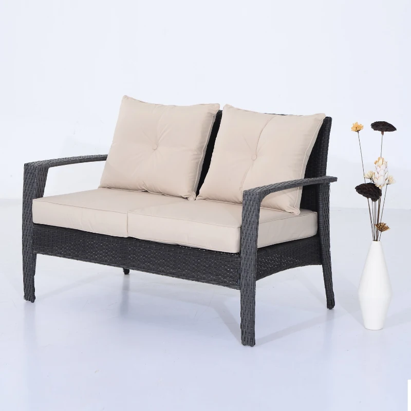 Outsunny 4pc Rattan Wicker Sofa Set Outdoor Coffee Table and Patio Seat Chair with Cushion, Brownish grey and Beige