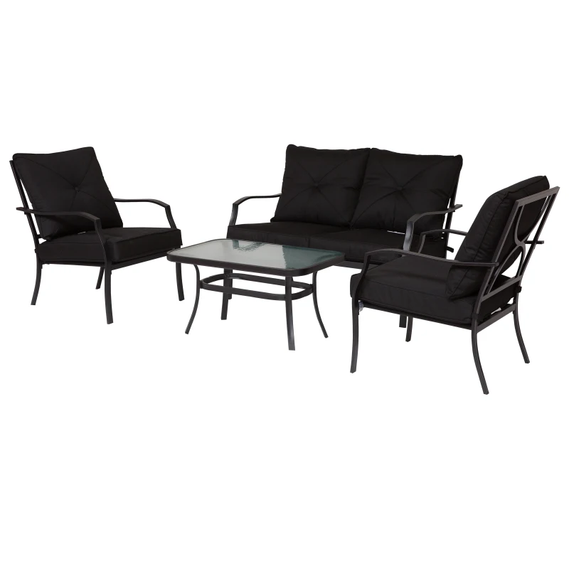 Outsunny 4pc Garden Conversation Set Outdoor Sofa Set Metal Frame w/ Foam Cushions Loveseat 2 Arm Chairs and Glass Top Tea Table Black