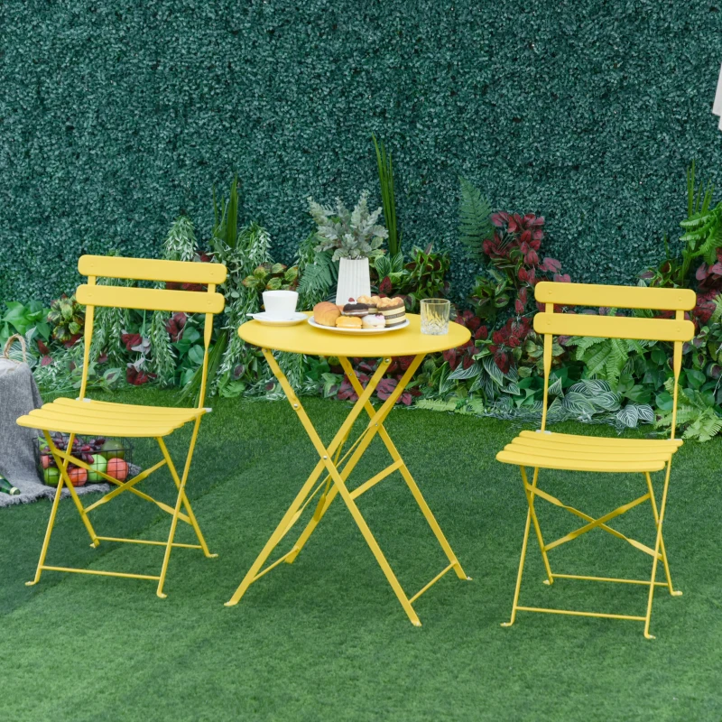 Outsunny 3pc Garden Table Set Foldable Dining Set with 1 Round Table and 2 Chairs Backyard Outdoor, Yellow