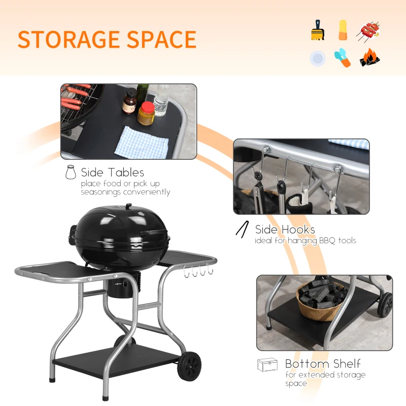 Outsunny Portable Charcoal Kettle Grill Outdoor Barbecue Trolley BBQ Heat Smoker Grilling with Free Standing